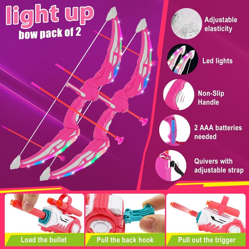 TWFRIC 2 Pack Bow and Arrow for Kids Sports and Outdoor Play Toys Archery Set with LED Light Up 16 Arrows 1 Standing Target 2 Quiver Indoor Outdoors Toy for Age 3-12 Year Old Boy Girl Gift (Pink) - Image 5